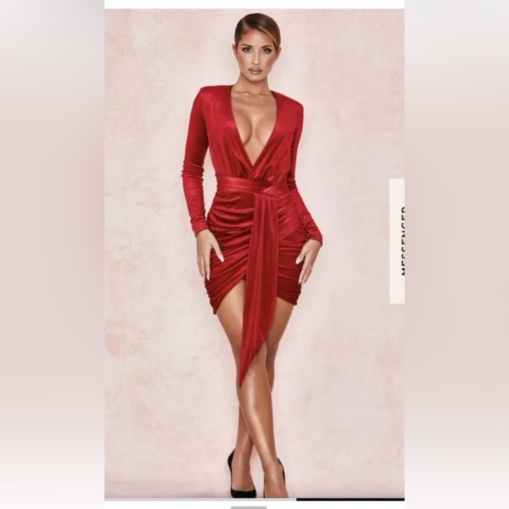 HOUSE OF CB 'Farrah' Red Velvet Gathered Deep V Mini Dress /Size S